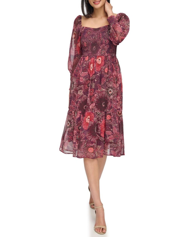 Vestido A Media Pierna Vince Camuto Floral-Print Smocked Mujer Rojas | 175-LRUTVH