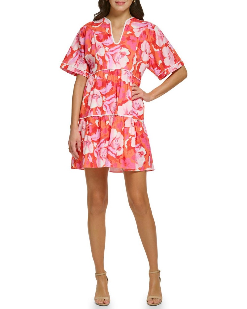 Vestido A Media Pierna Vince Camuto Floral-Print Piped Mujer Rojas Rosas | 427-PFKQDA