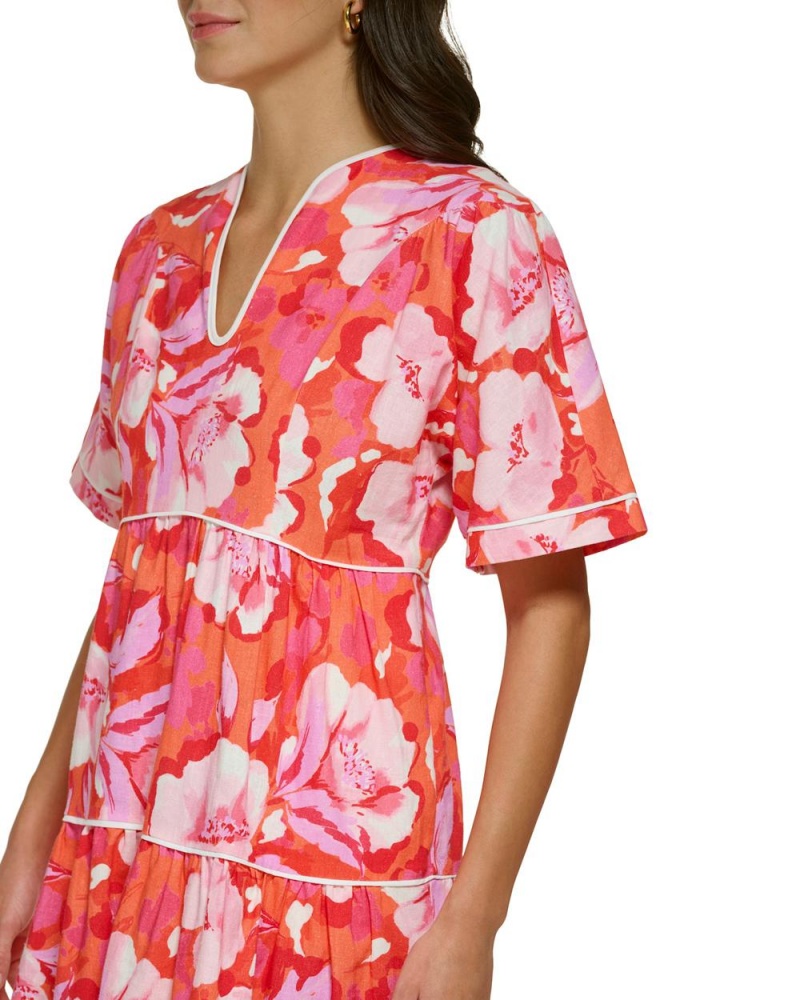 Vestido A Media Pierna Vince Camuto Floral-Print Piped Mujer Rojas Rosas | 427-PFKQDA