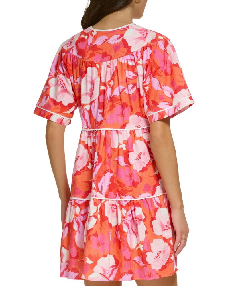 Vestido A Media Pierna Vince Camuto Floral-Print Piped Mujer Rojas Rosas | 427-PFKQDA