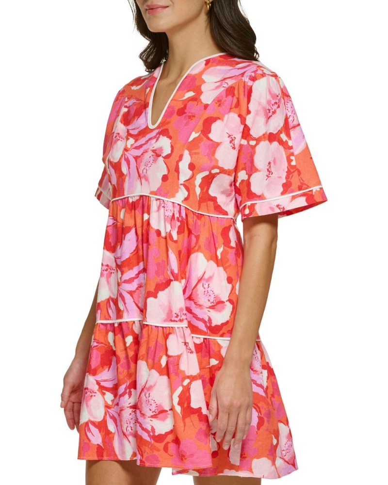 Vestido A Media Pierna Vince Camuto Floral-Print Piped Mujer Rojas Rosas | 427-PFKQDA