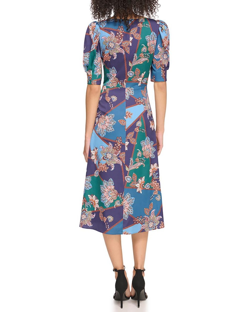 Vestido A Media Pierna Vince Camuto Floral-Print Twist-Front Mujer Azul Marino | 409-TIBOWX