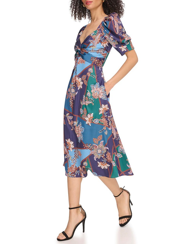 Vestido A Media Pierna Vince Camuto Floral-Print Twist-Front Mujer Azul Marino | 409-TIBOWX