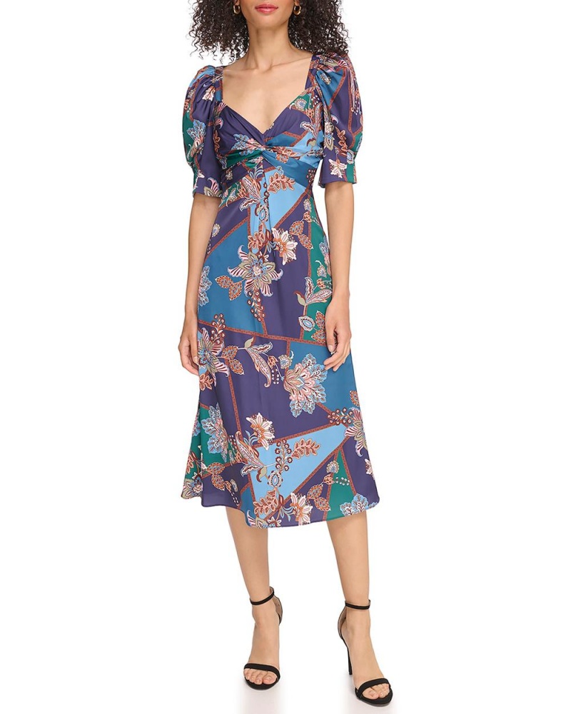 Vestido A Media Pierna Vince Camuto Floral-Print Twist-Front Mujer Azul Marino | 409-TIBOWX