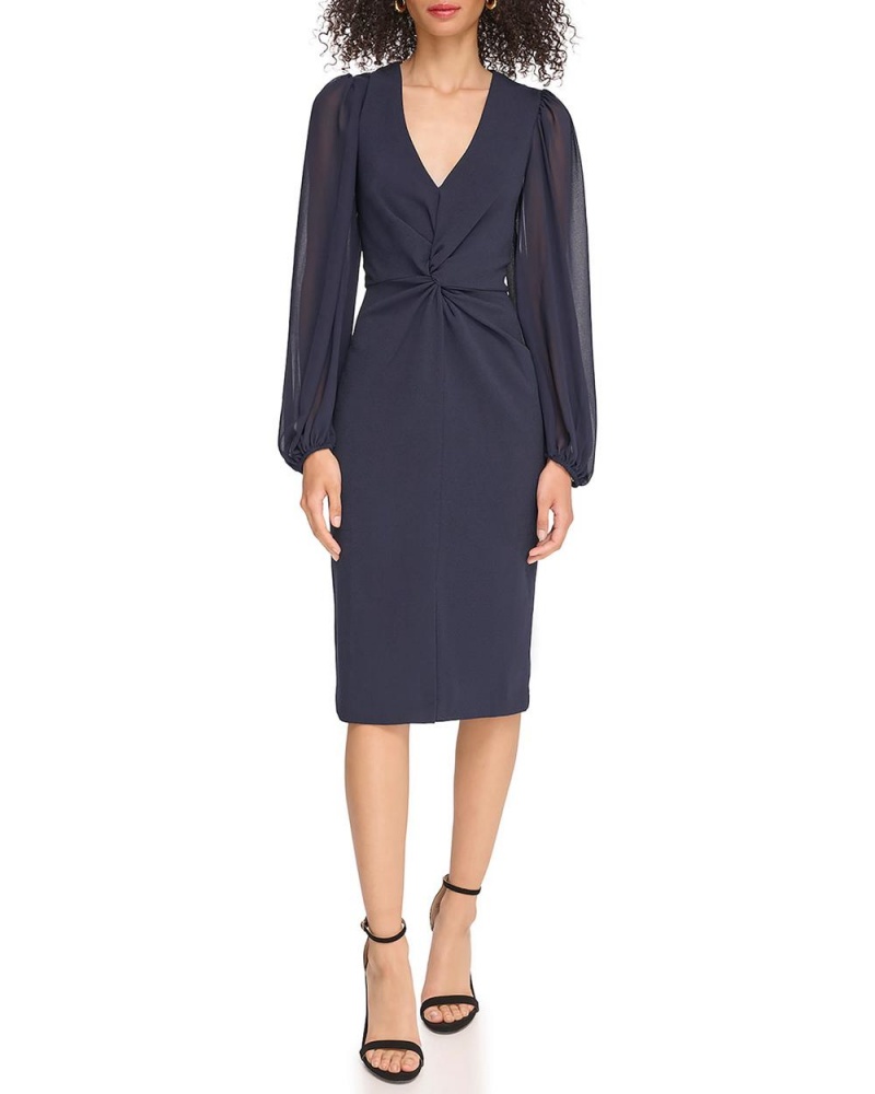 Vestido A Media Pierna Vince Camuto Twist-Front Chiffon-Sleeve Mujer Azul Marino | 234-ANJWVG