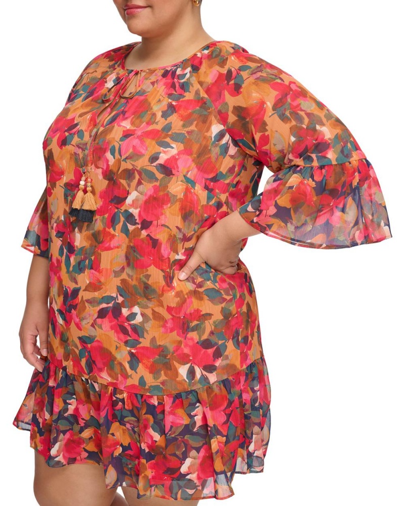 Vestido Largo Vince Camuto Floral-Print Chiffon Ruffled(Plus Size) Mujer Rojas | 357-JPCEKF