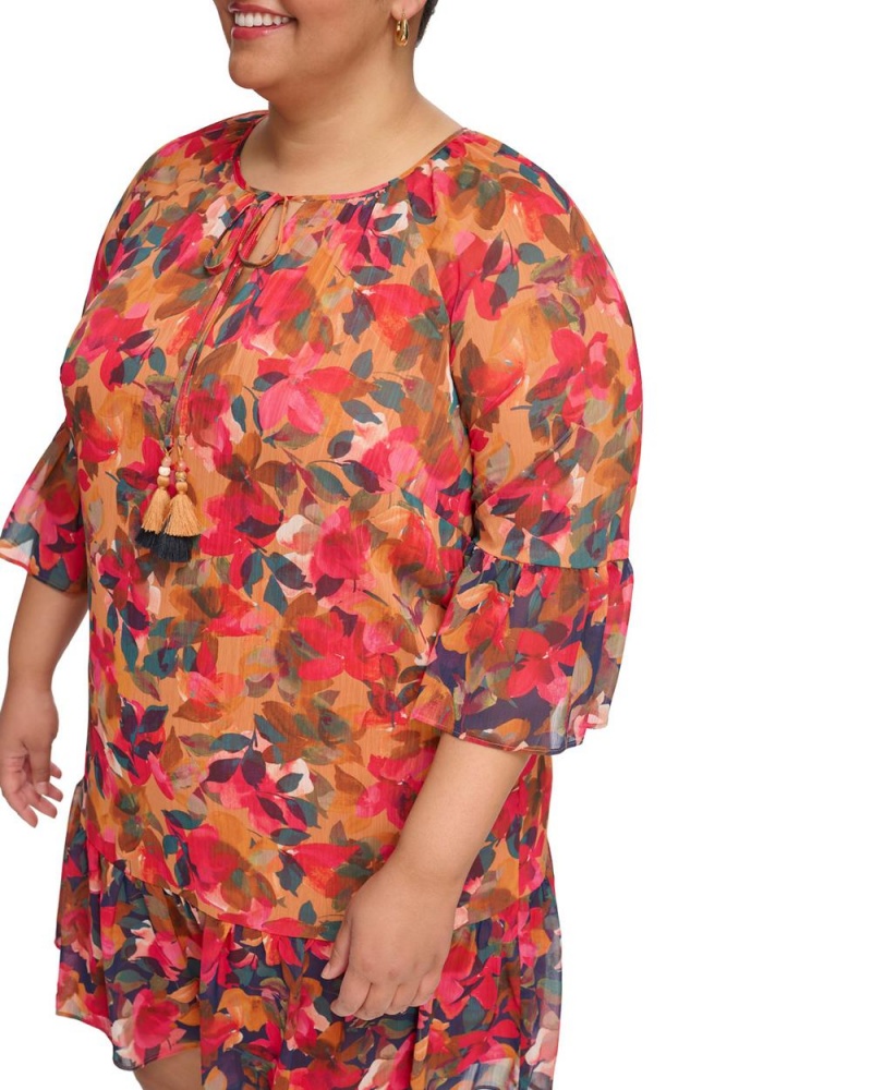 Vestido Largo Vince Camuto Floral-Print Chiffon Ruffled(Plus Size) Mujer Rojas | 357-JPCEKF