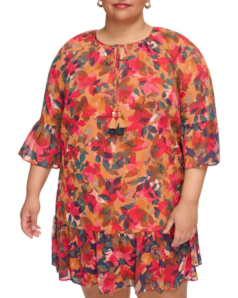 Vestido Largo Vince Camuto Floral-Print Chiffon Ruffled(Plus Size) Mujer Rojas | 357-JPCEKF