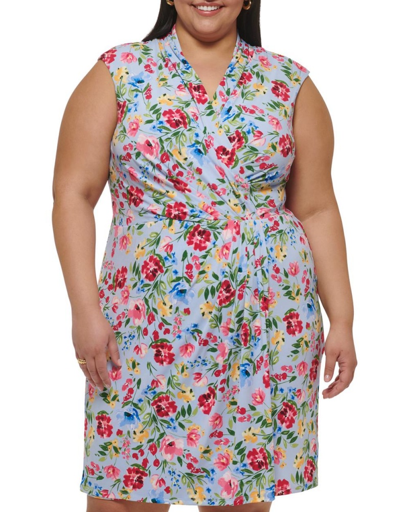 Vestido Largo Vince Camuto Floral-Print Faux-Wrap (Plus Size) Mujer Azules | 675-LCXTQE