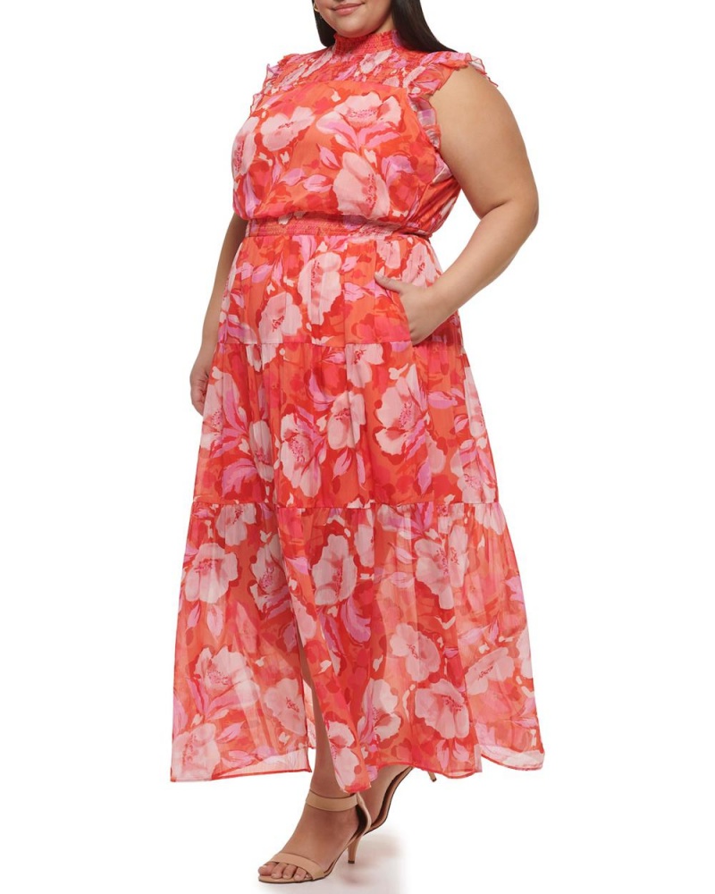 Vestido Largo Vince Camuto Floral-Print Smocked (Plus Size) Mujer Rojas | 759-ZOCMNY