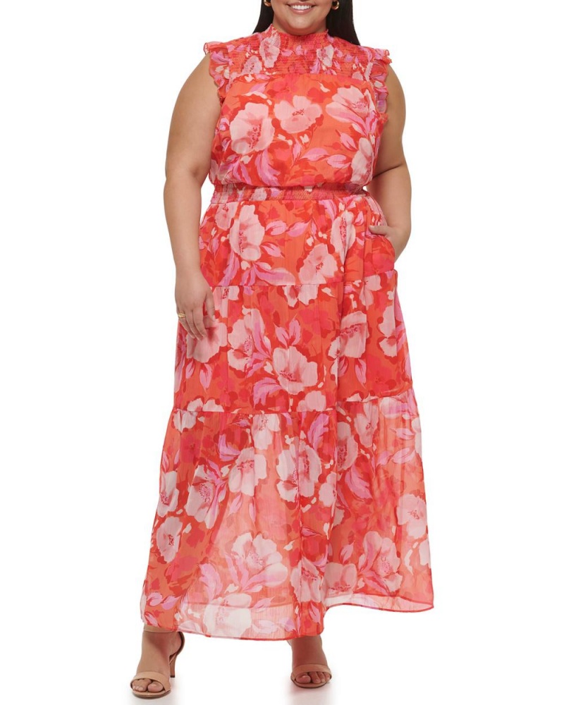 Vestido Largo Vince Camuto Floral-Print Smocked (Plus Size) Mujer Rojas | 759-ZOCMNY