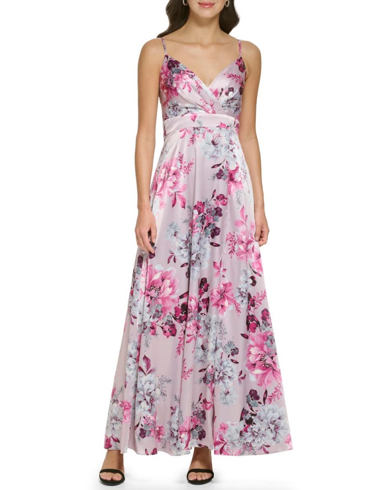 Vestido Largo Vince Camuto Floral Print Satin Gown Mujer Fucsia Rosas | 978-LOYGIA