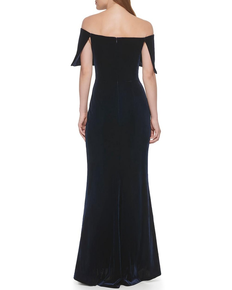 Vestido Largo Vince Camuto Plisado Off-The-Shoulder Gown Mujer Azul Marino | 325-IAHRYB