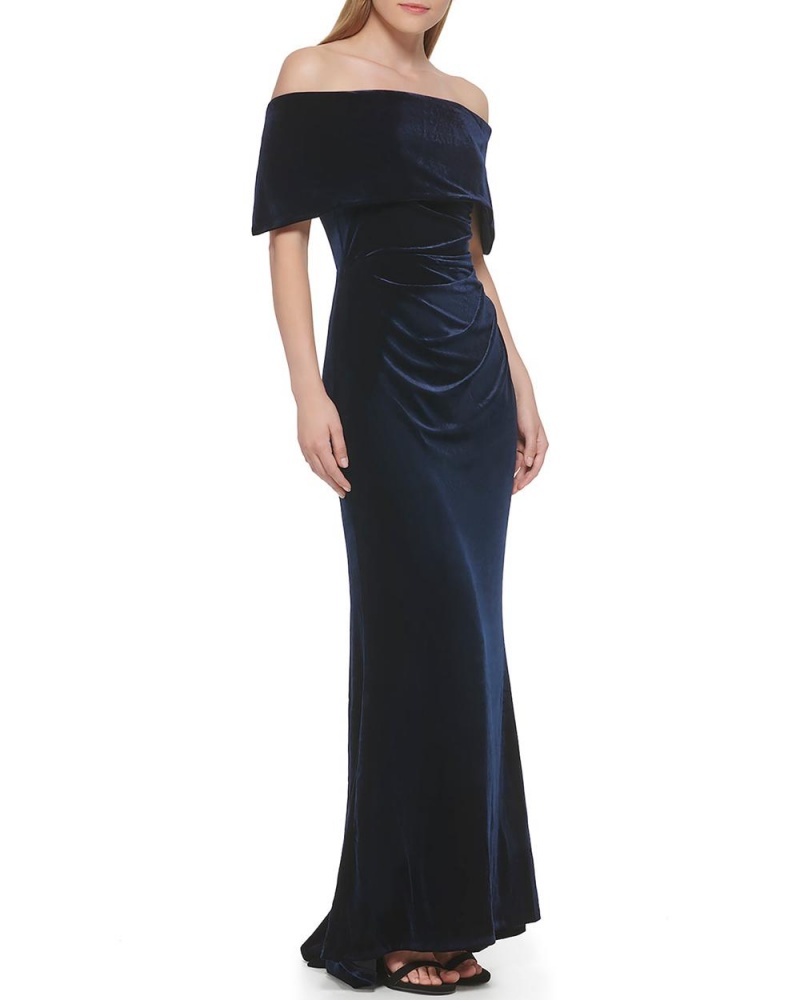 Vestido Largo Vince Camuto Plisado Off-The-Shoulder Gown Mujer Azul Marino | 325-IAHRYB