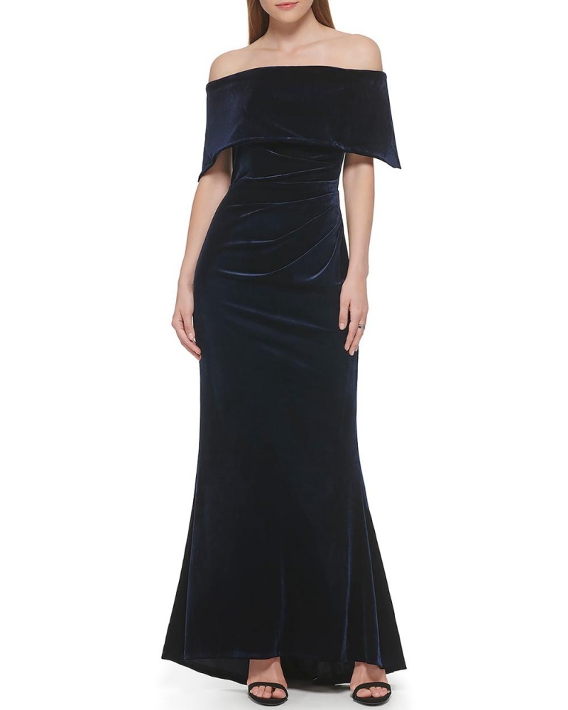 Vestido Largo Vince Camuto Plisado Off-The-Shoulder Gown Mujer Azul Marino | 325-IAHRYB