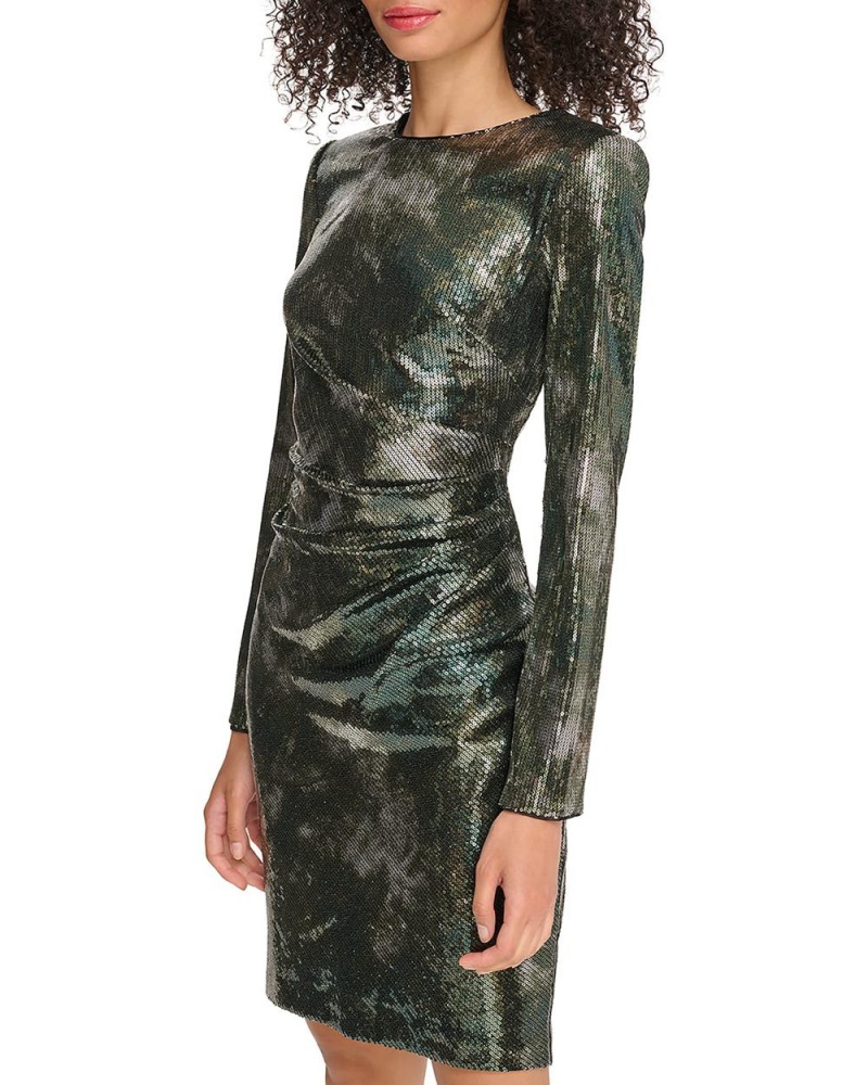 Vestido Largo Vince Camuto Sequined Ruched Long-Sleeve Mujer Verde Verde Oliva | 180-CIWLTX