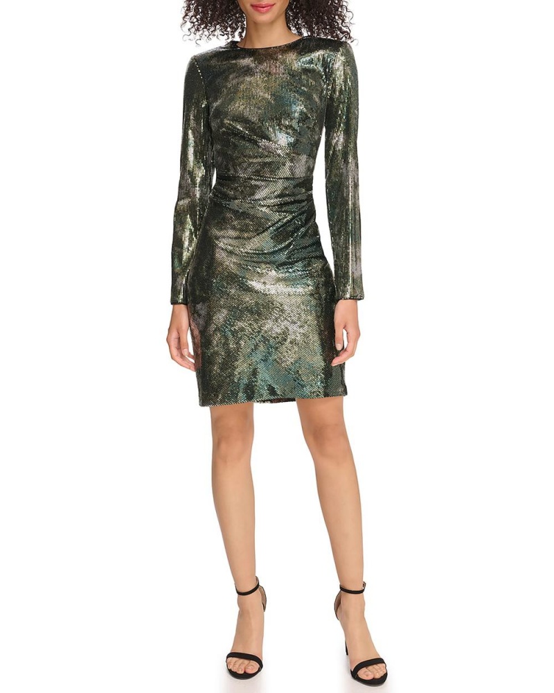 Vestido Largo Vince Camuto Sequined Ruched Long-Sleeve Mujer Verde Verde Oliva | 180-CIWLTX