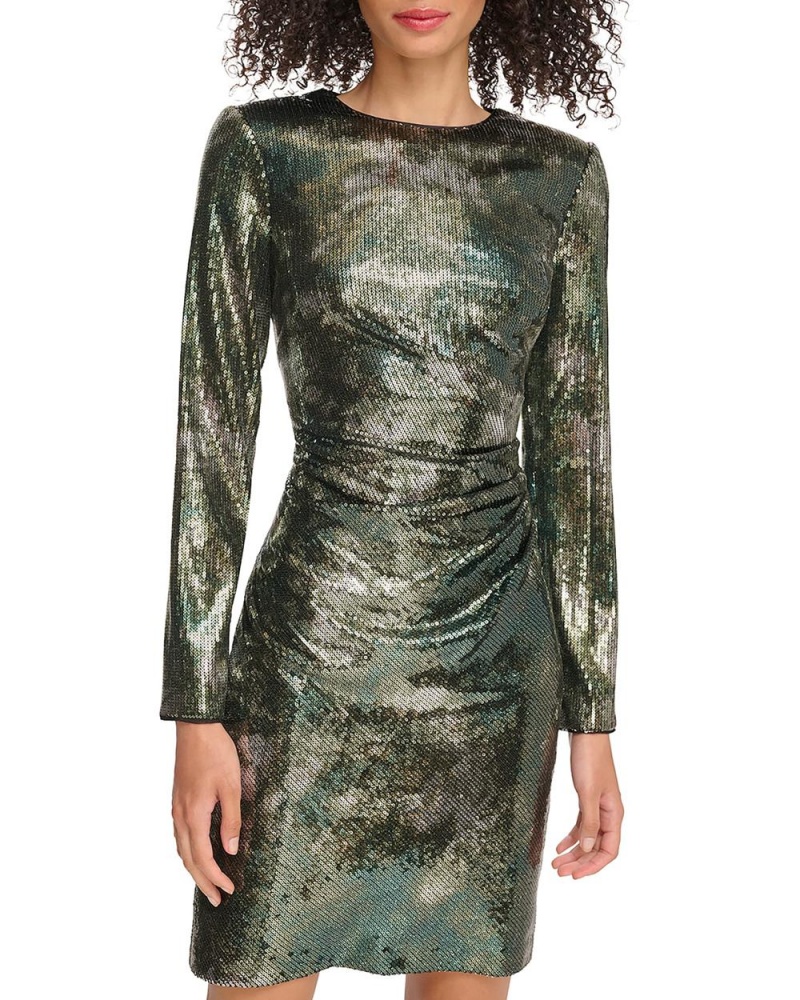 Vestido Largo Vince Camuto Sequined Ruched Long-Sleeve Mujer Verde Verde Oliva | 180-CIWLTX