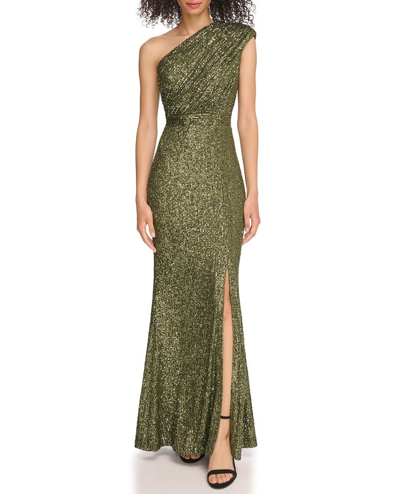 Vestido Largo Vince Camuto Sequined Ruched One-Shoulder Gown Mujer Verde Verde Oliva | 951-CAIQRV