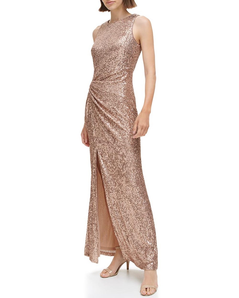 Vestido Largo Vince Camuto Sequined Side-Twist Gown Mujer Kaki | 410-OXKAUT