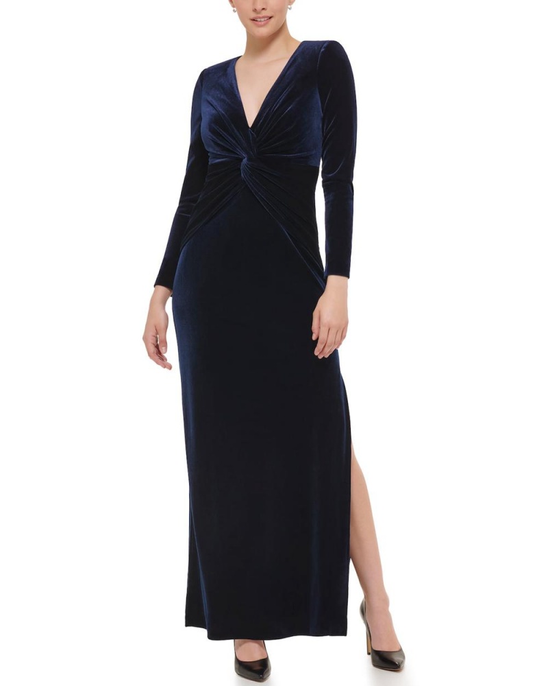 Vestido Largo Vince Camuto Twist-Front Velvet Gown Mujer Azul Marino | 298-ADOJUM